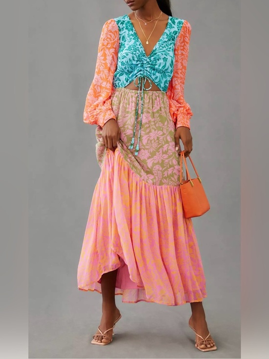 FARM Rio Dresses & Skirts - Farm Rio Cutout Maxi Dress Colorblock Floral Maxi Dress with Tie Front S Medium